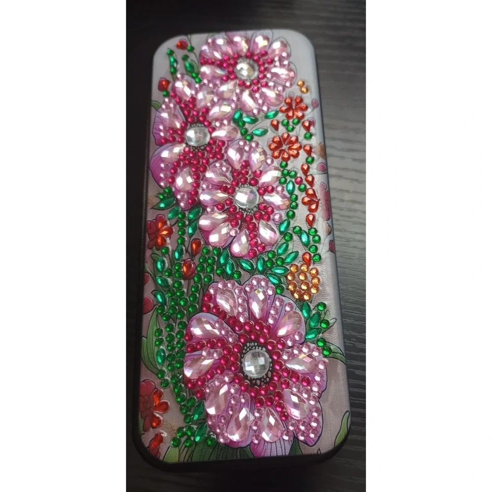 New Handmade Diamond Painted Eyeglass Case Pink Floral Rhinestone Glasses Holder